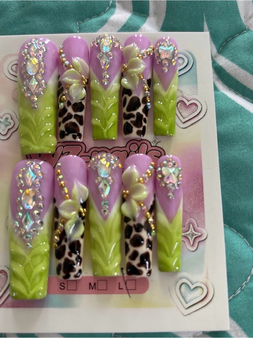 Crystal Floral Leopard Press-On Nails — Pink & Lime 4.0